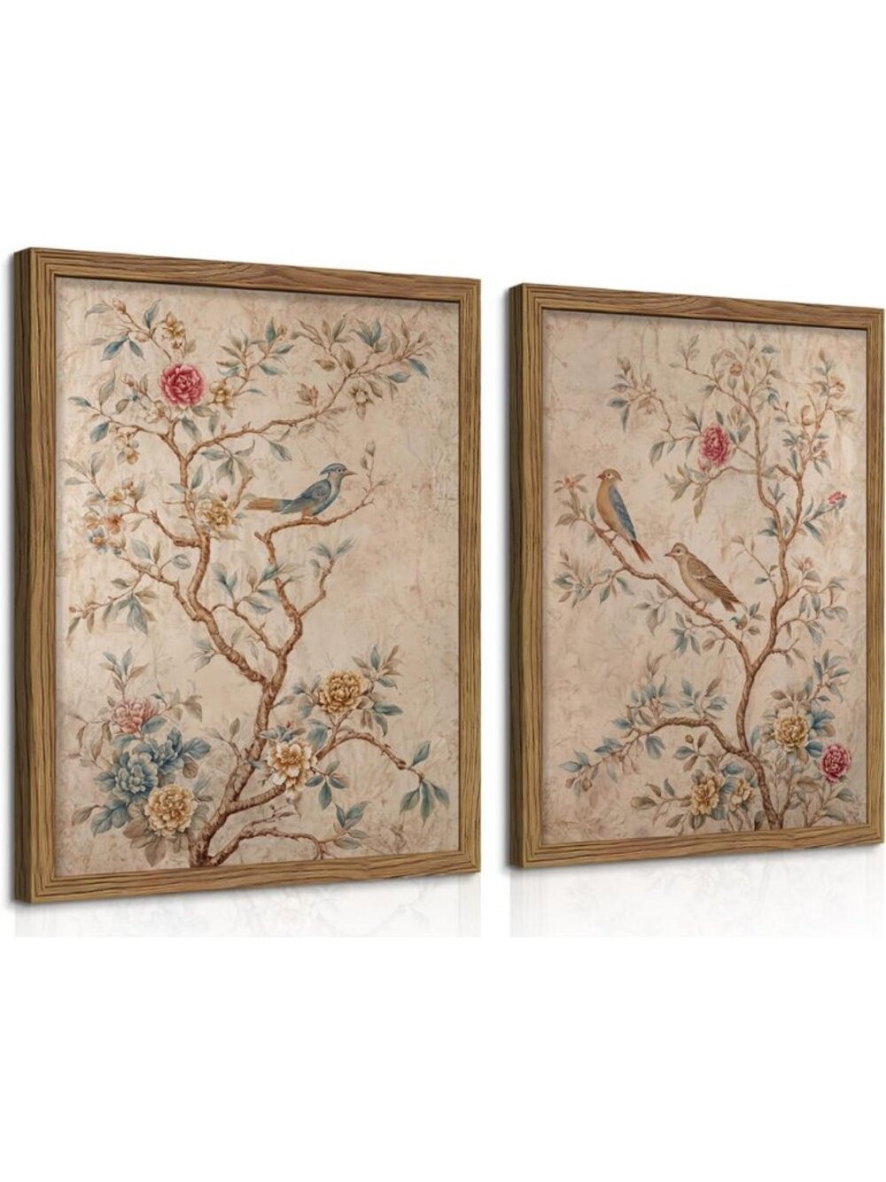 Set of 2 Vintage Floral Bird Wall Art - Charming Peonies & Roses Decor